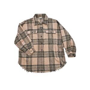 White birch flannel fuzzy button down shacket pink black plaid 1x plus
